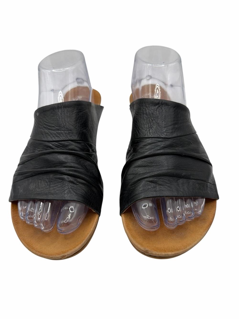 Miz Mooz Black Leather Slide Sandals with Tan Footbed